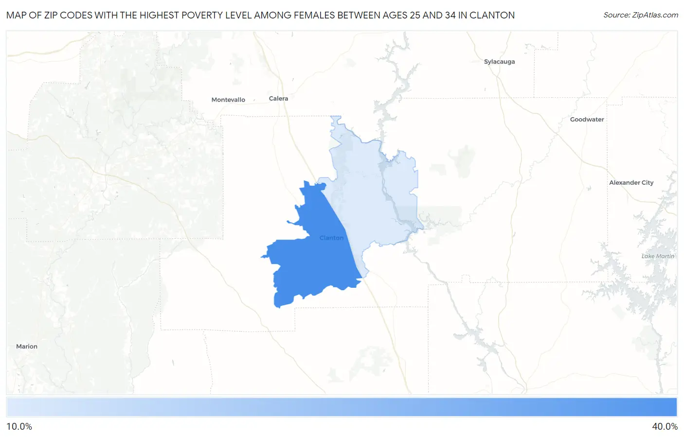 Zip Codes with the Highest Poverty Level Among Females Between Ages 25 and 34 in Clanton Map