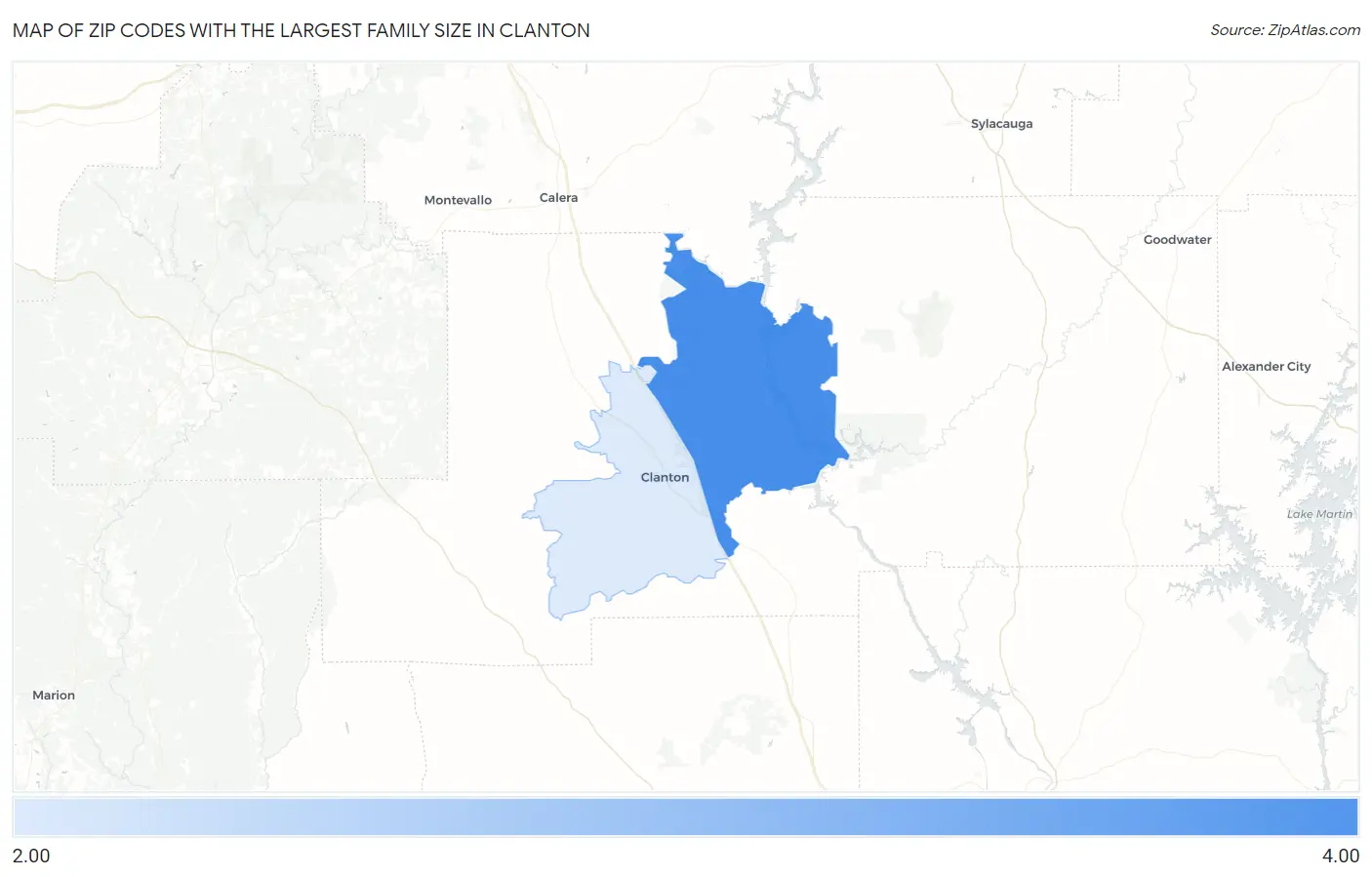 Zip Codes with the Largest Family Size in Clanton Map