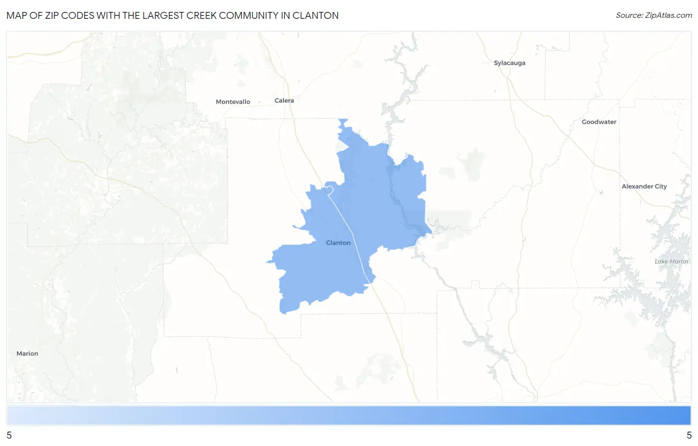 Zip Codes with the Largest Creek Community in Clanton Map