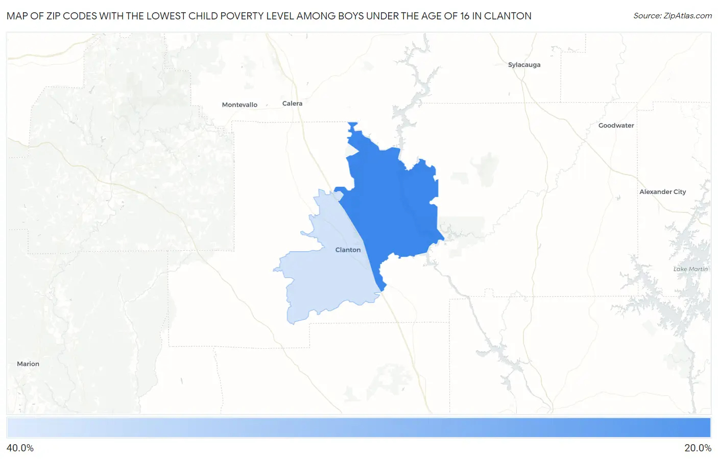 Zip Codes with the Lowest Child Poverty Level Among Boys Under the Age of 16 in Clanton Map