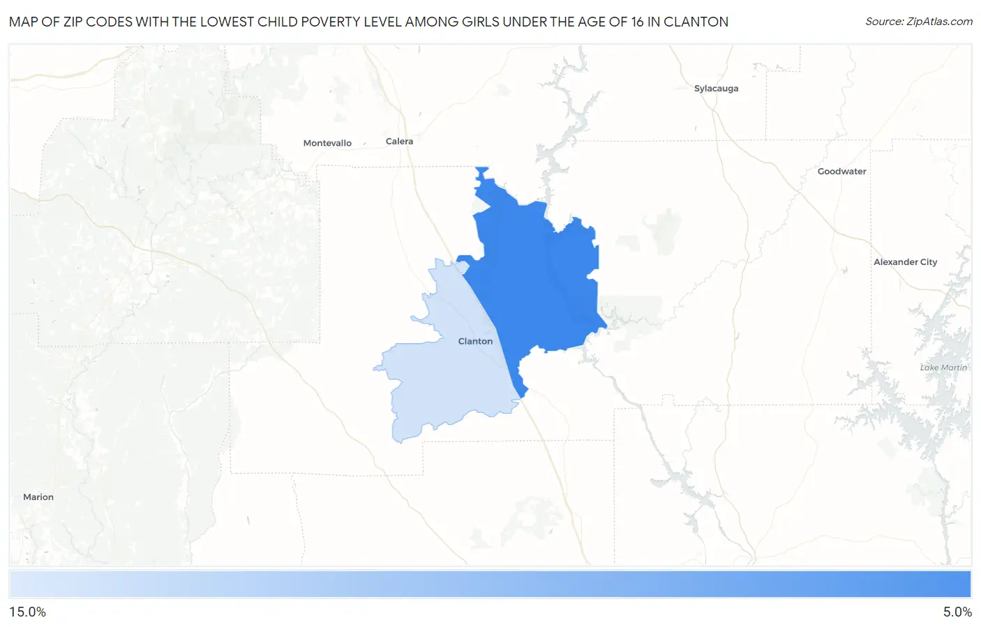 Zip Codes with the Lowest Child Poverty Level Among Girls Under the Age of 16 in Clanton Map