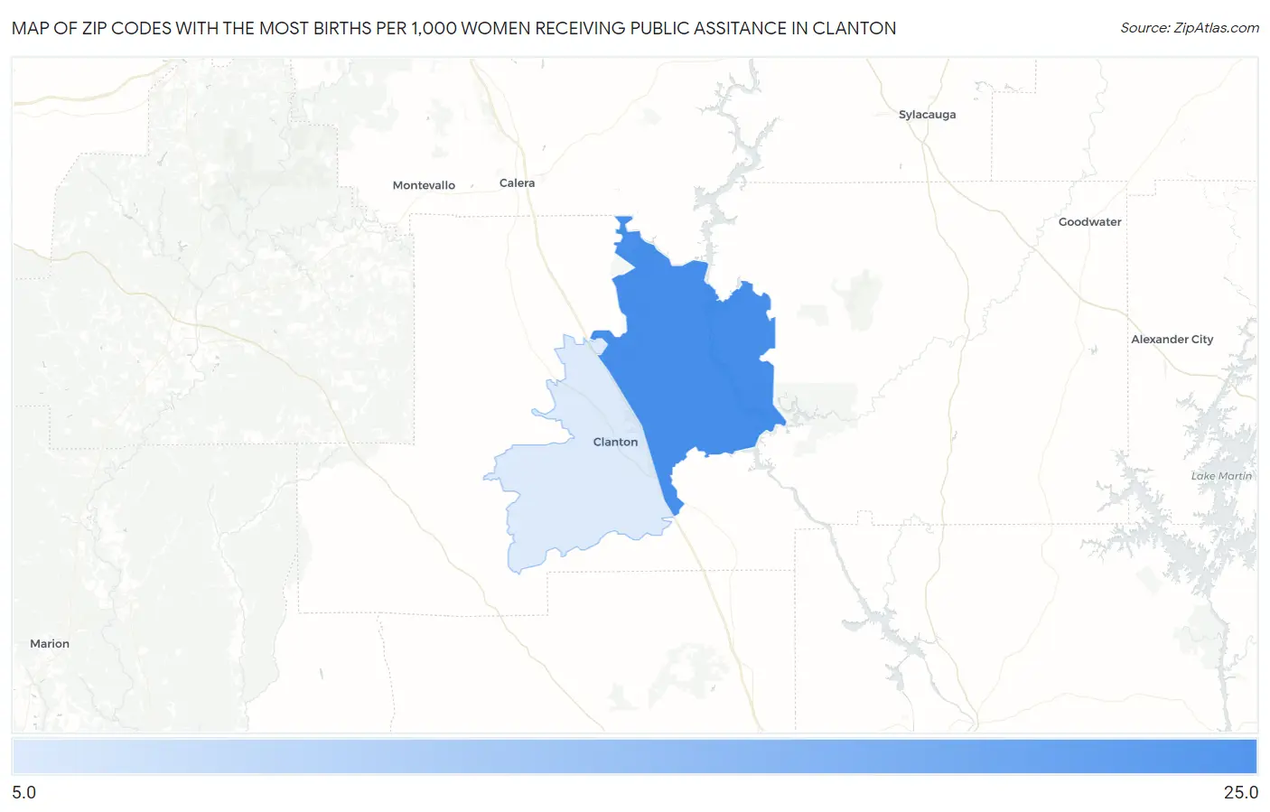 Zip Codes with the Most Births per 1,000 Women Receiving Public Assitance in Clanton Map