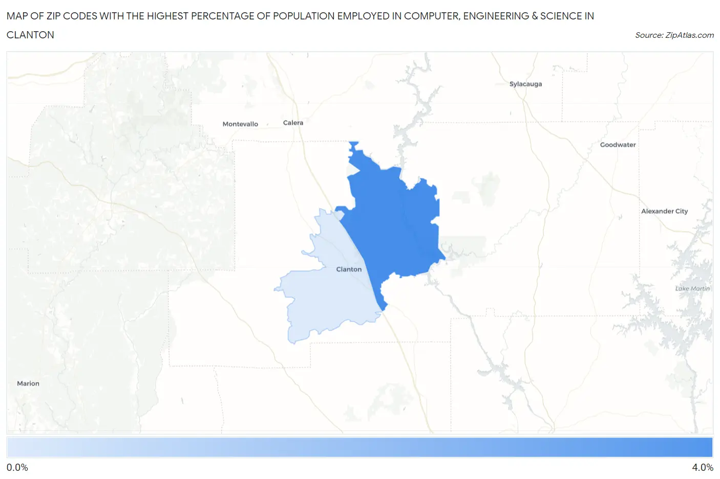Zip Codes with the Highest Percentage of Population Employed in Computer, Engineering & Science in Clanton Map
