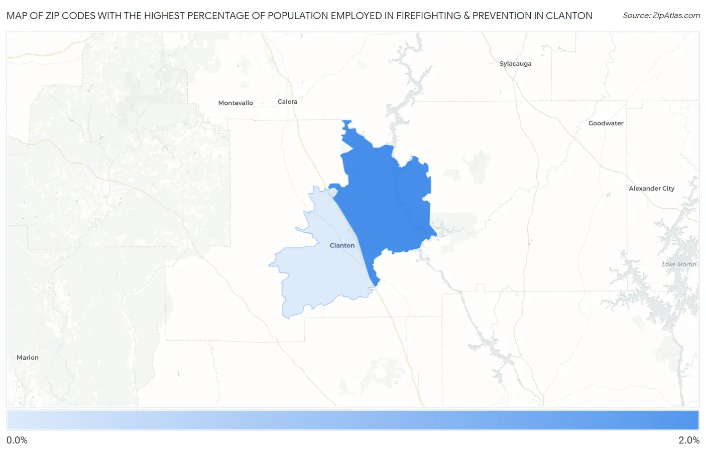 Zip Codes with the Highest Percentage of Population Employed in Firefighting & Prevention in Clanton Map