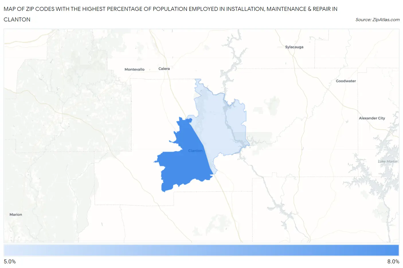 Zip Codes with the Highest Percentage of Population Employed in Installation, Maintenance & Repair in Clanton Map