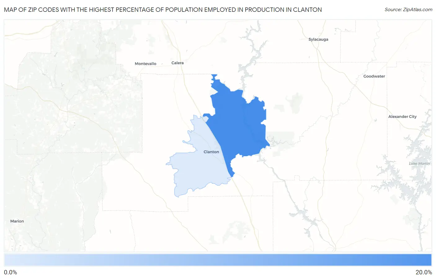 Zip Codes with the Highest Percentage of Population Employed in Production in Clanton Map