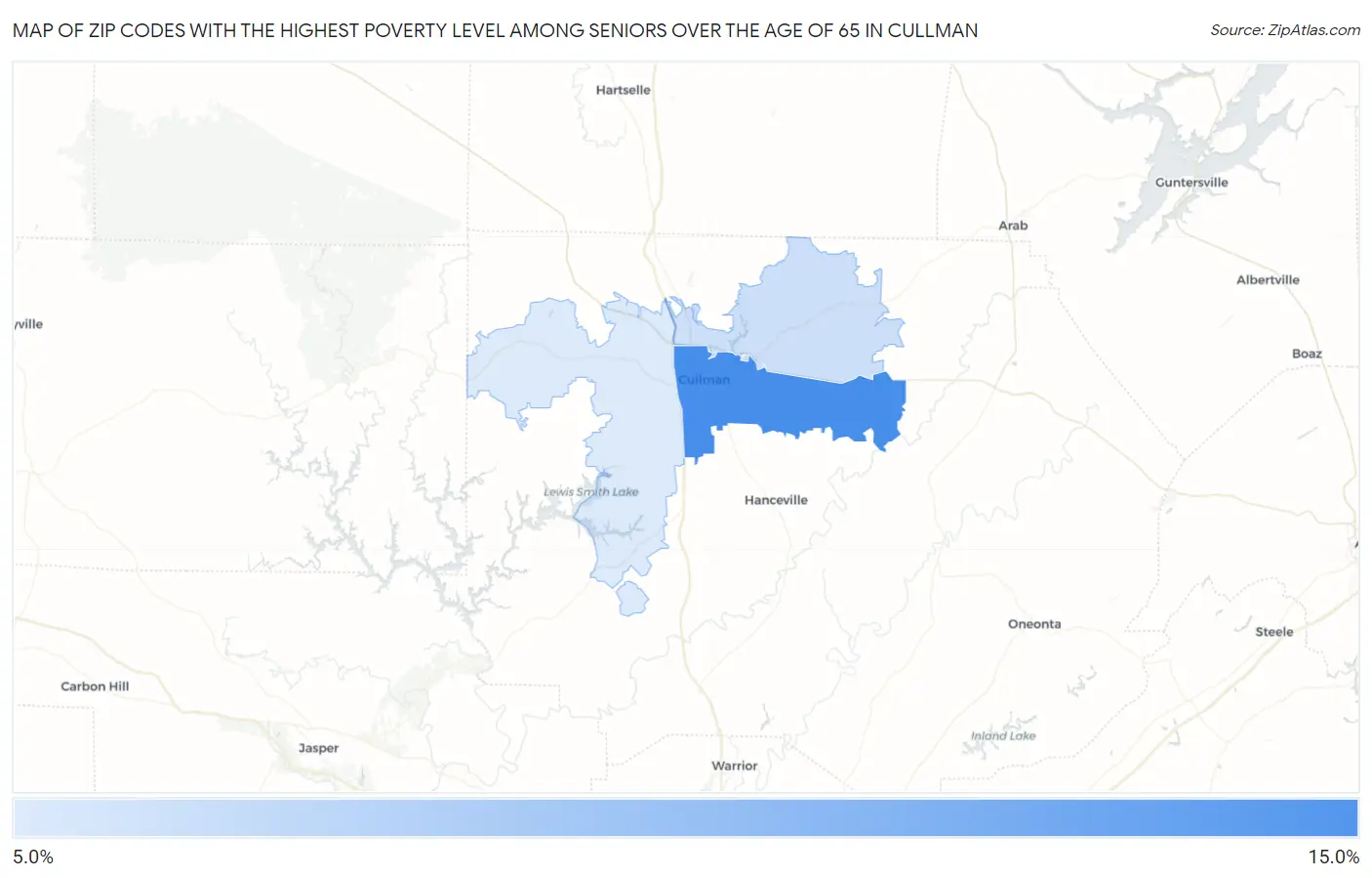 Zip Codes with the Highest Poverty Level Among Seniors Over the Age of 65 in Cullman Map