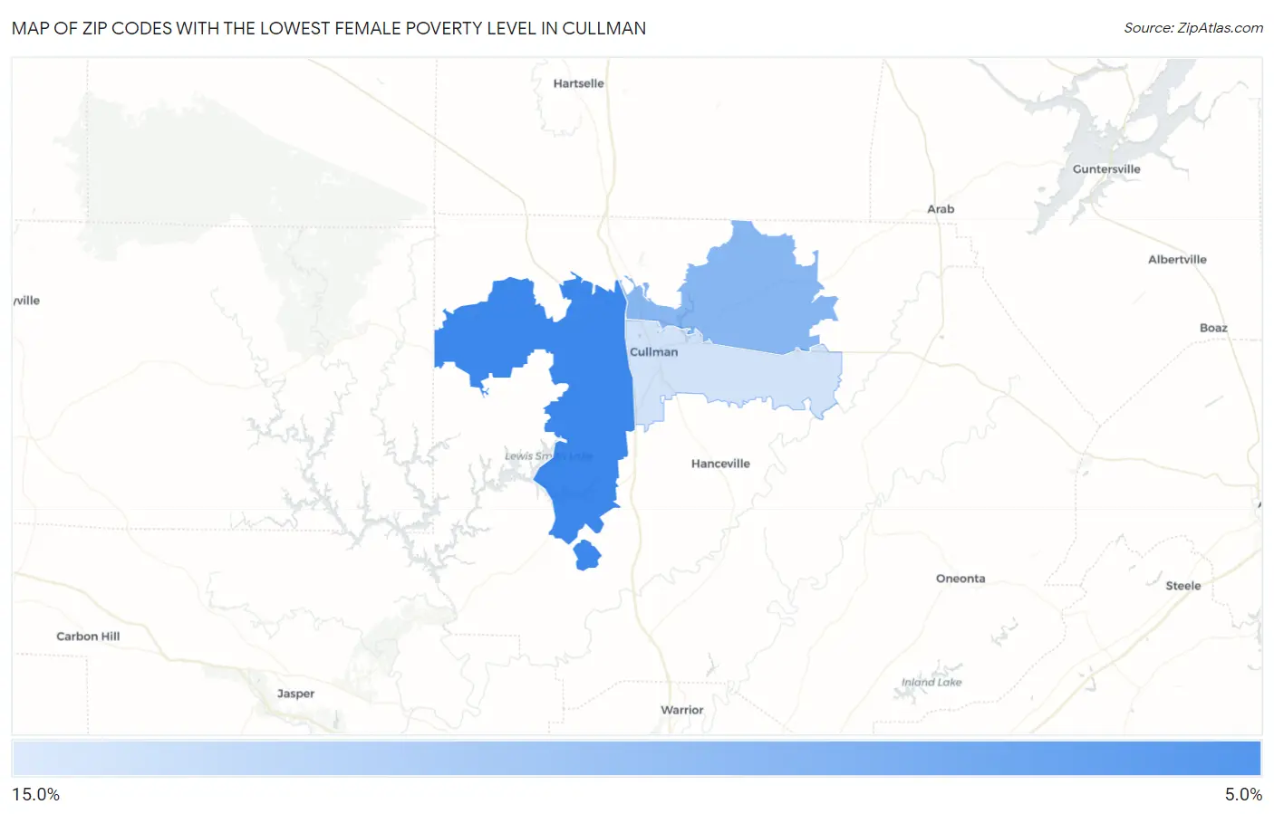 Zip Codes with the Lowest Female Poverty Level in Cullman Map