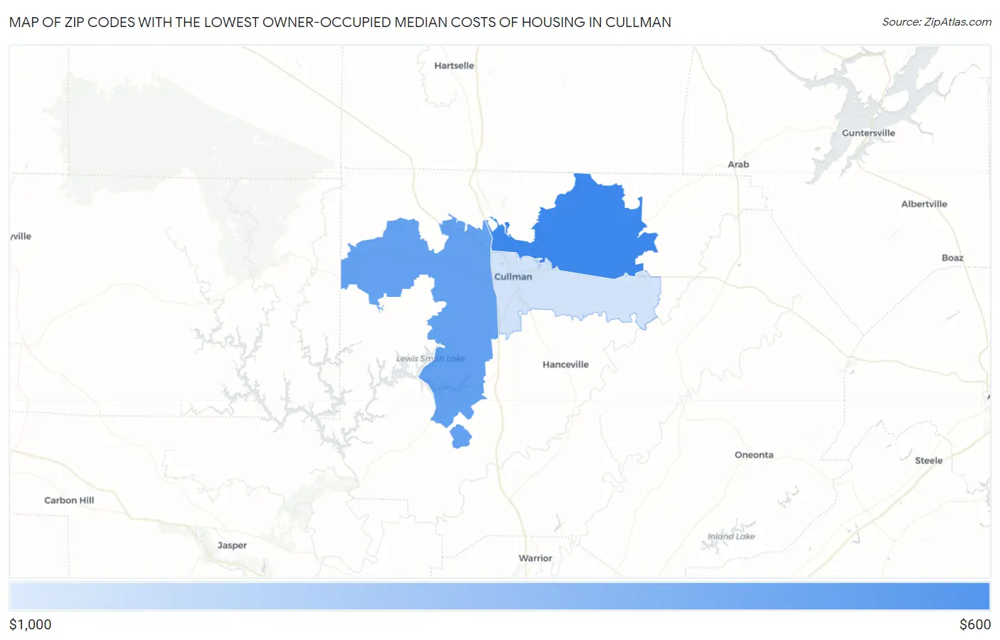 Zip Codes with the Lowest Owner-Occupied Median Costs of Housing in Cullman Map