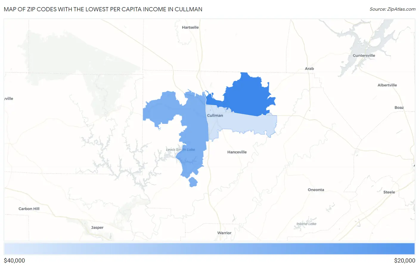 Zip Codes with the Lowest Per Capita Income in Cullman Map
