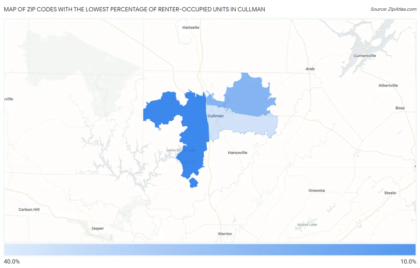 Zip Codes with the Lowest Percentage of Renter-Occupied Units in Cullman Map
