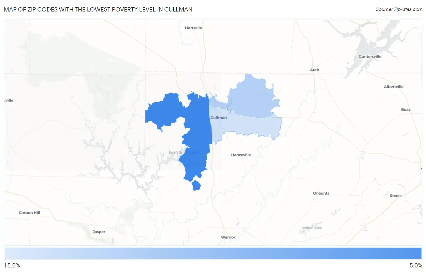 Zip Codes with the Lowest Poverty Level in Cullman Map