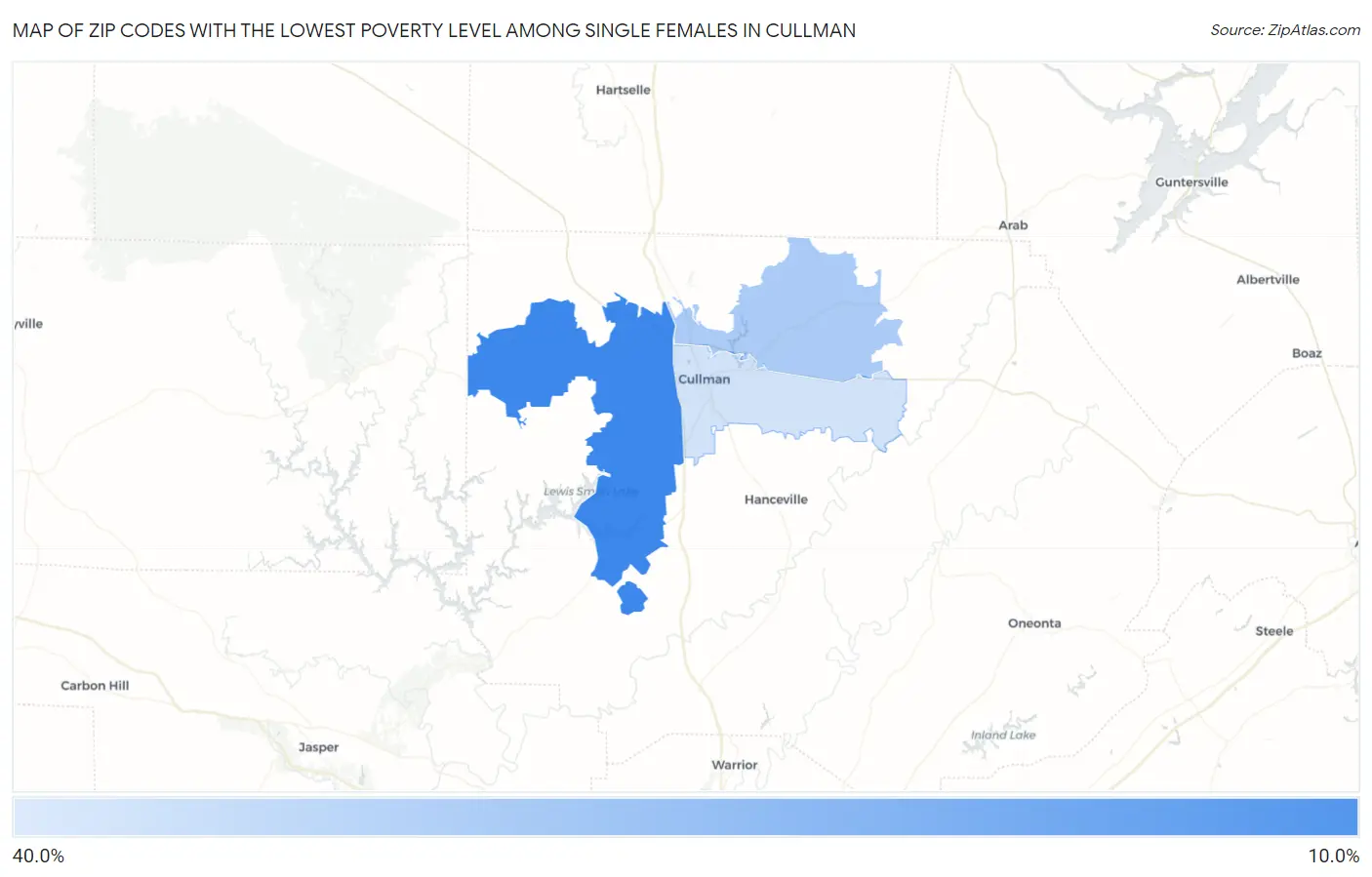 Zip Codes with the Lowest Poverty Level Among Single Females in Cullman Map