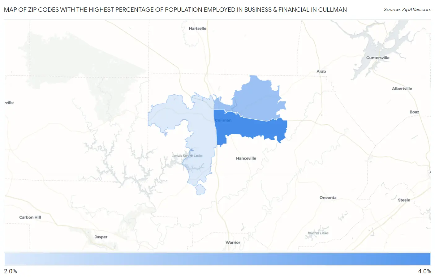 Zip Codes with the Highest Percentage of Population Employed in Business & Financial in Cullman Map