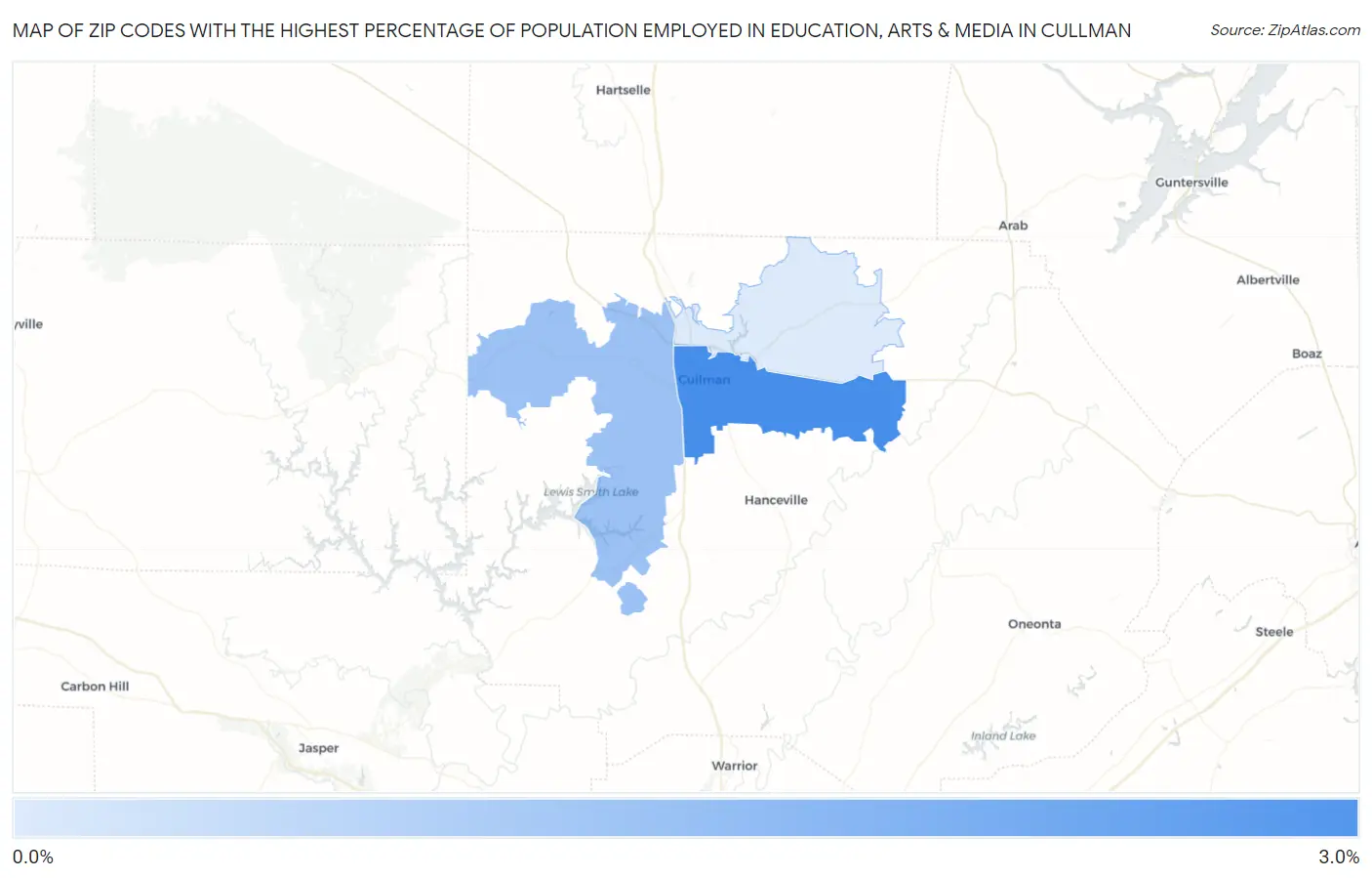Zip Codes with the Highest Percentage of Population Employed in Education, Arts & Media in Cullman Map