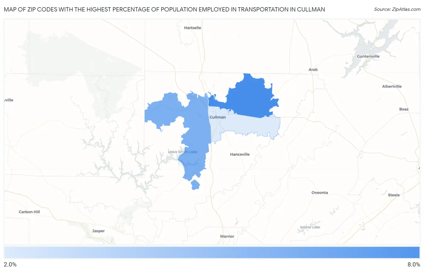 Zip Codes with the Highest Percentage of Population Employed in Transportation in Cullman Map