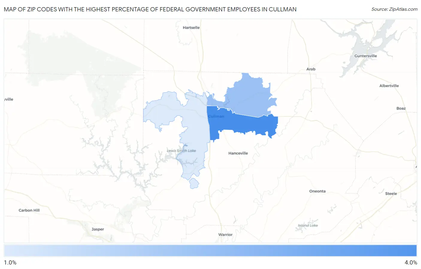 Zip Codes with the Highest Percentage of Federal Government Employees in Cullman Map