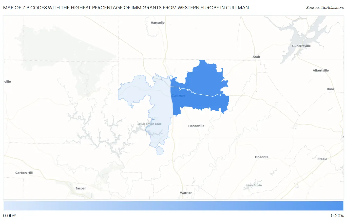 Zip Codes with the Highest Percentage of Immigrants from Western Europe in Cullman Map