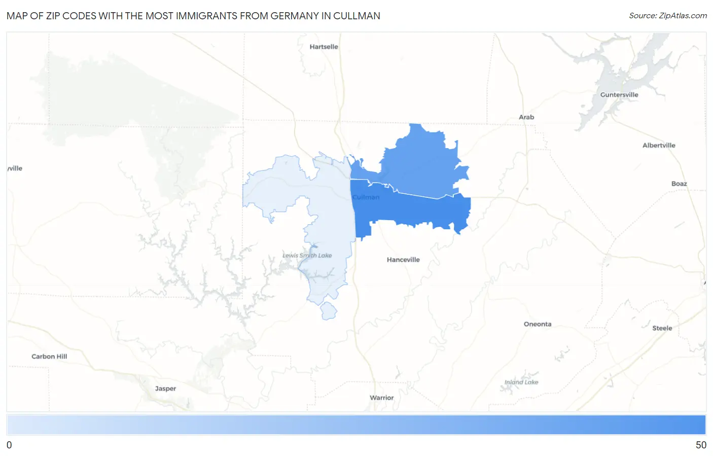 Zip Codes with the Most Immigrants from Germany in Cullman Map