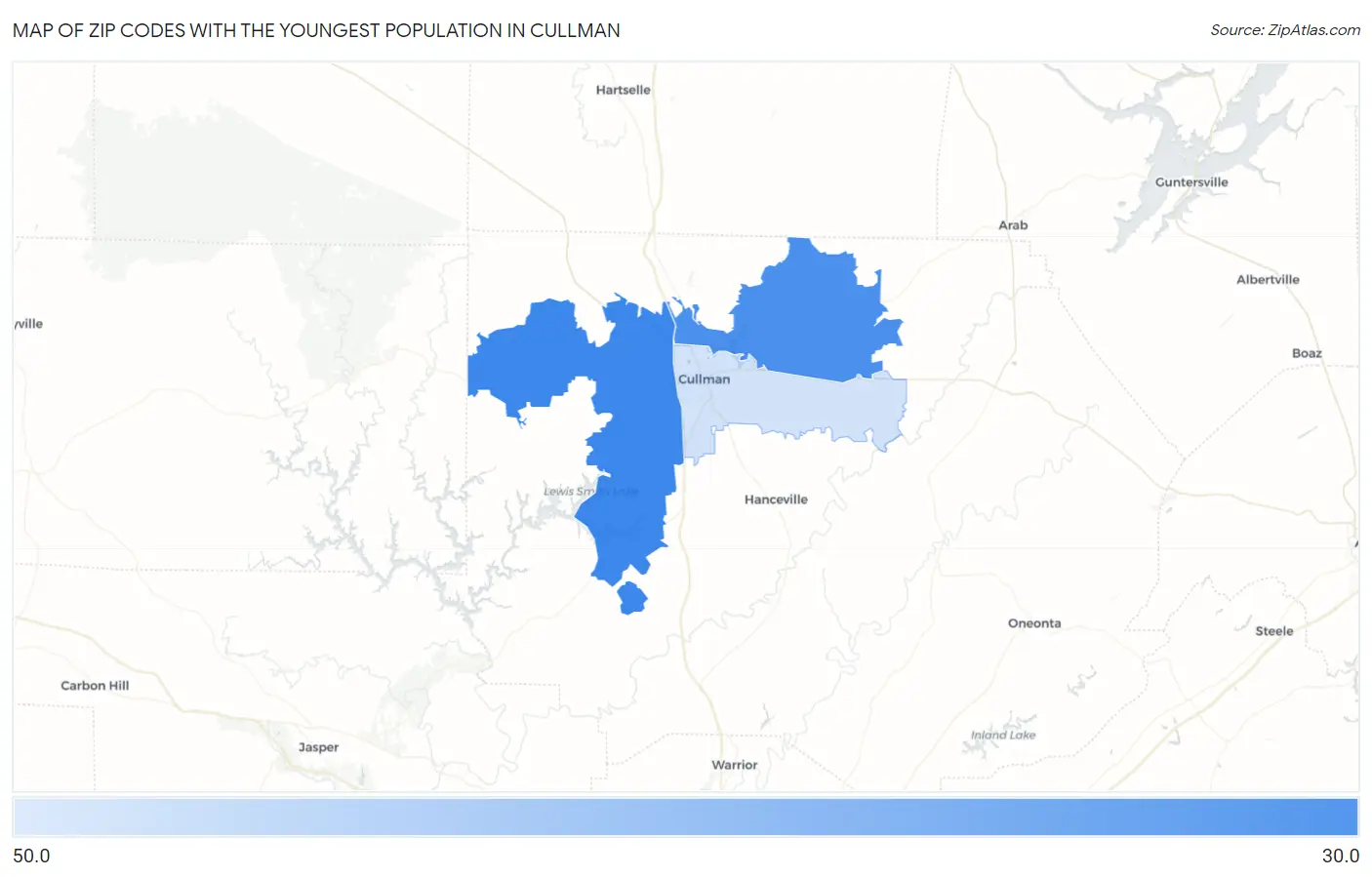 Zip Codes with the Youngest Population in Cullman Map