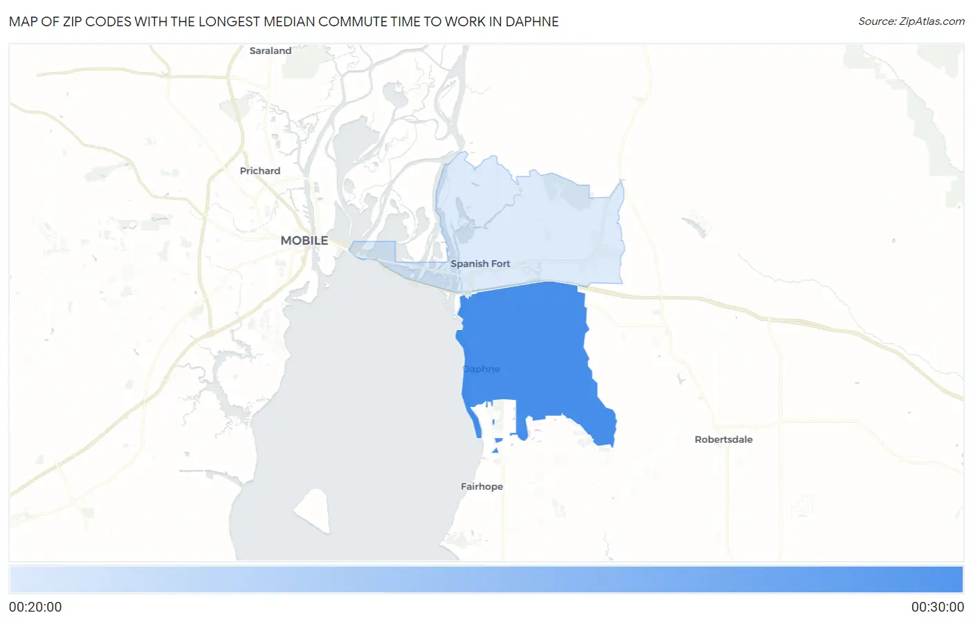 Zip Codes with the Longest Median Commute Time to Work in Daphne Map