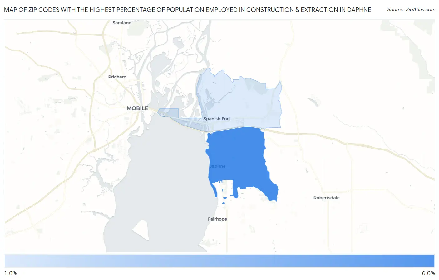 Zip Codes with the Highest Percentage of Population Employed in Construction & Extraction in Daphne Map