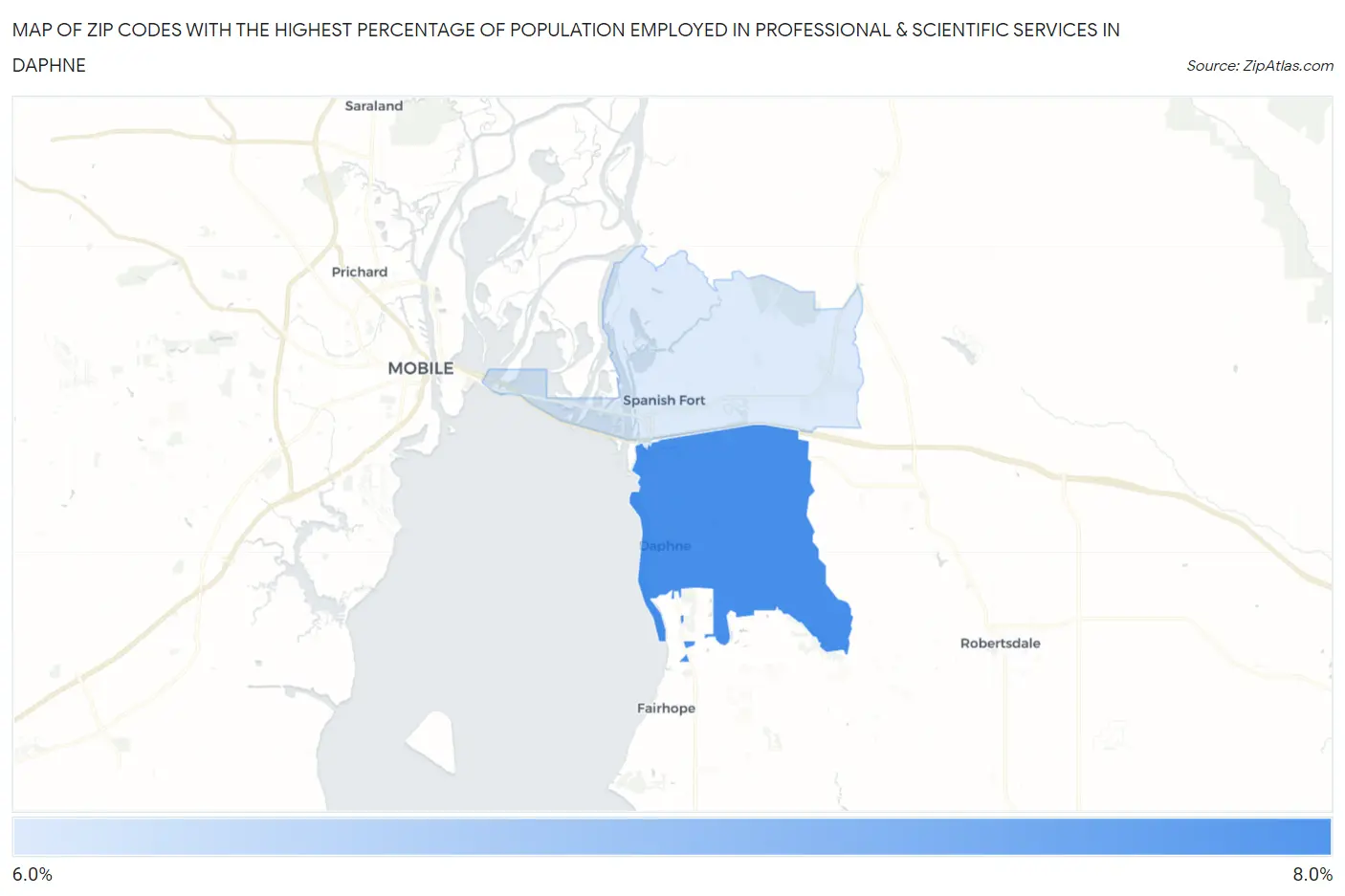 Zip Codes with the Highest Percentage of Population Employed in Professional & Scientific Services in Daphne Map