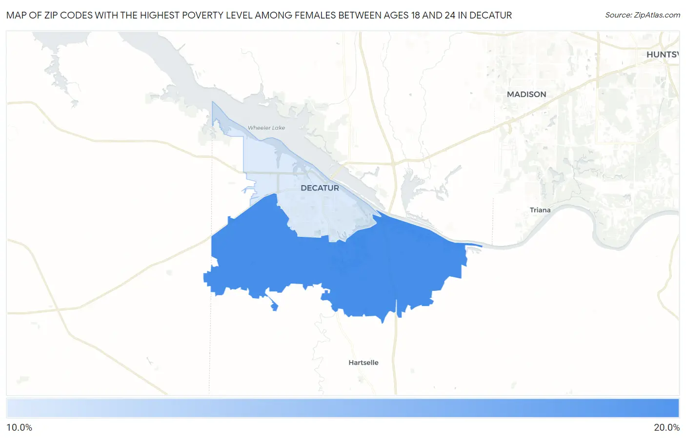 Zip Codes with the Highest Poverty Level Among Females Between Ages 18 and 24 in Decatur Map