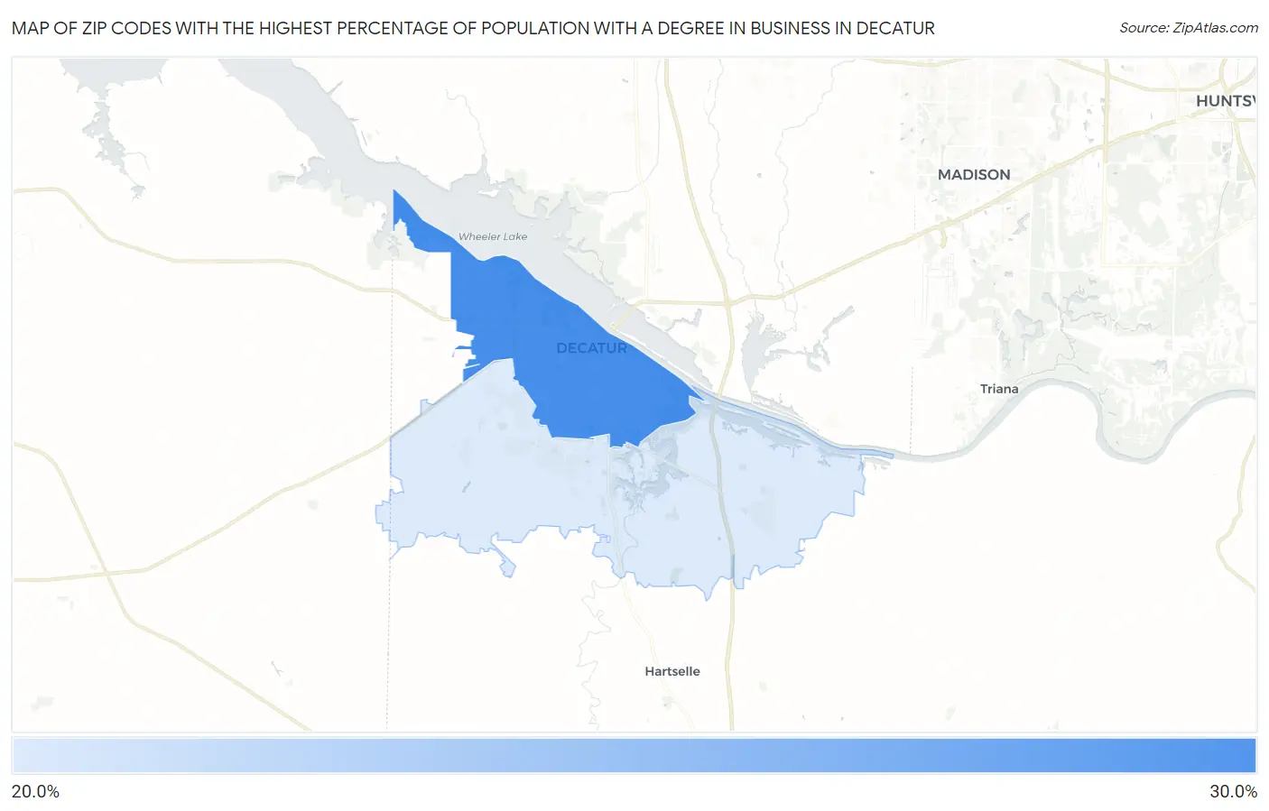 Zip Codes with the Highest Percentage of Population with a Degree in Business in Decatur Map