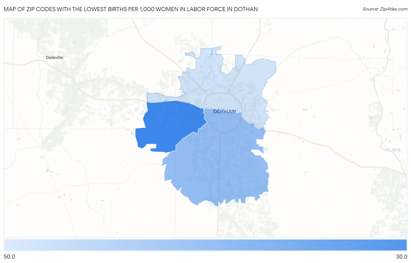 Zip Codes with the Lowest Births per 1,000 Women in Labor Force in Dothan Map