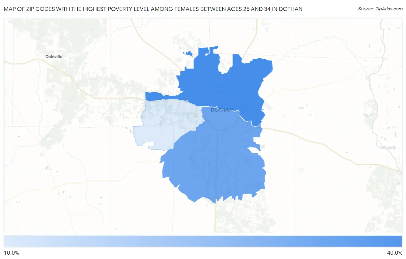 Zip Codes with the Highest Poverty Level Among Females Between Ages 25 and 34 in Dothan Map