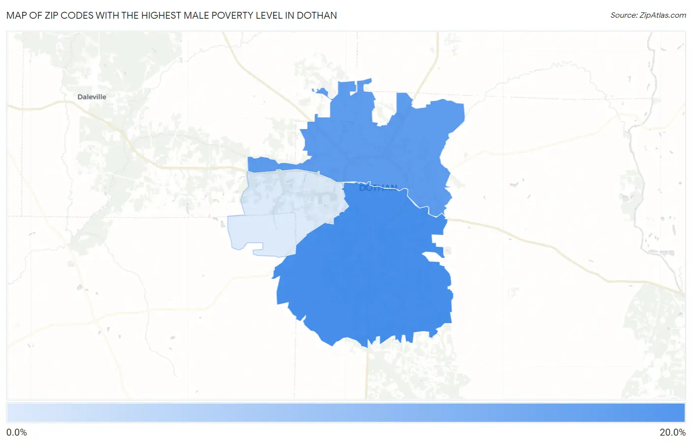 Zip Codes with the Highest Male Poverty Level in Dothan Map