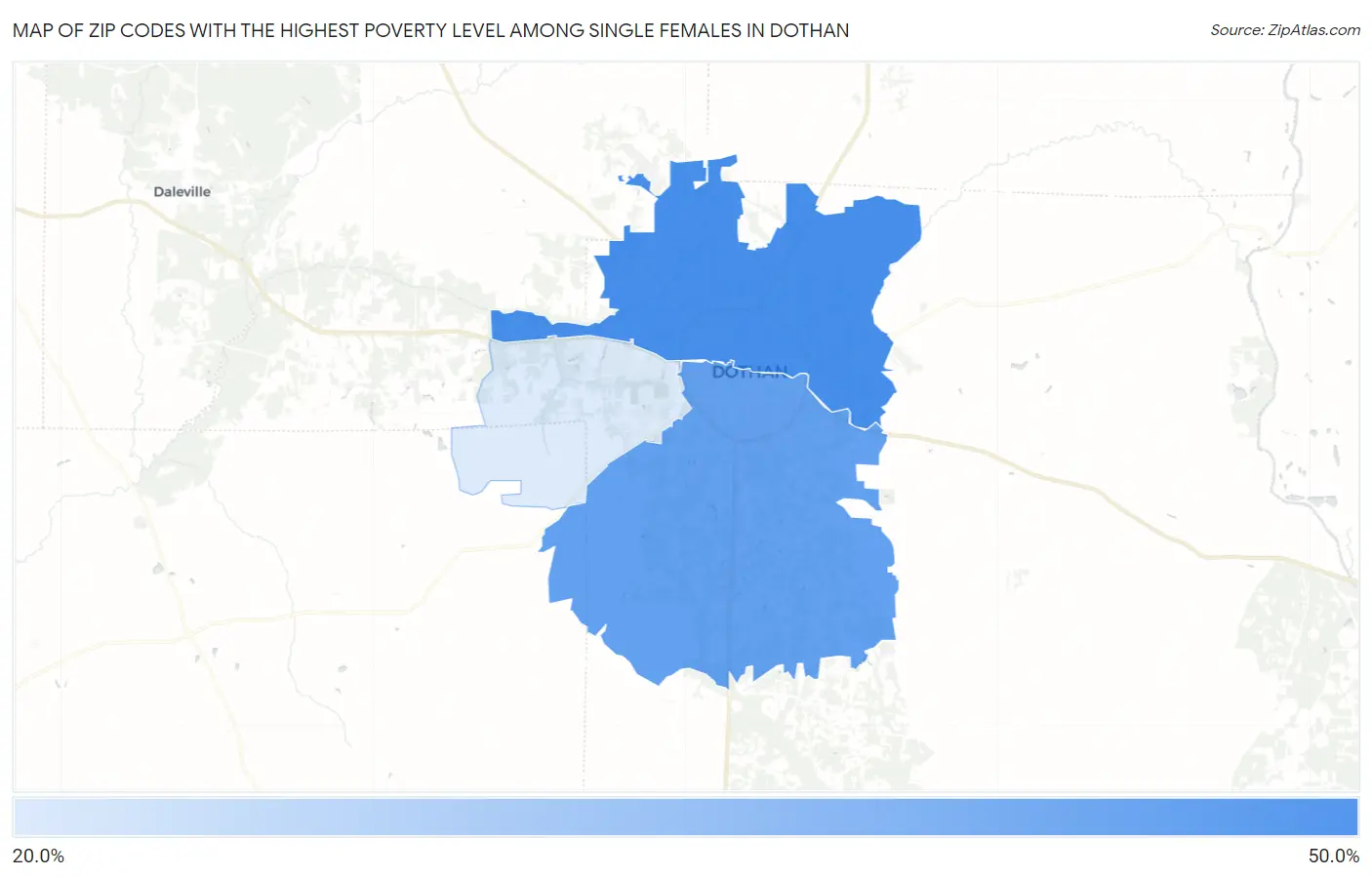 Zip Codes with the Highest Poverty Level Among Single Females in Dothan Map
