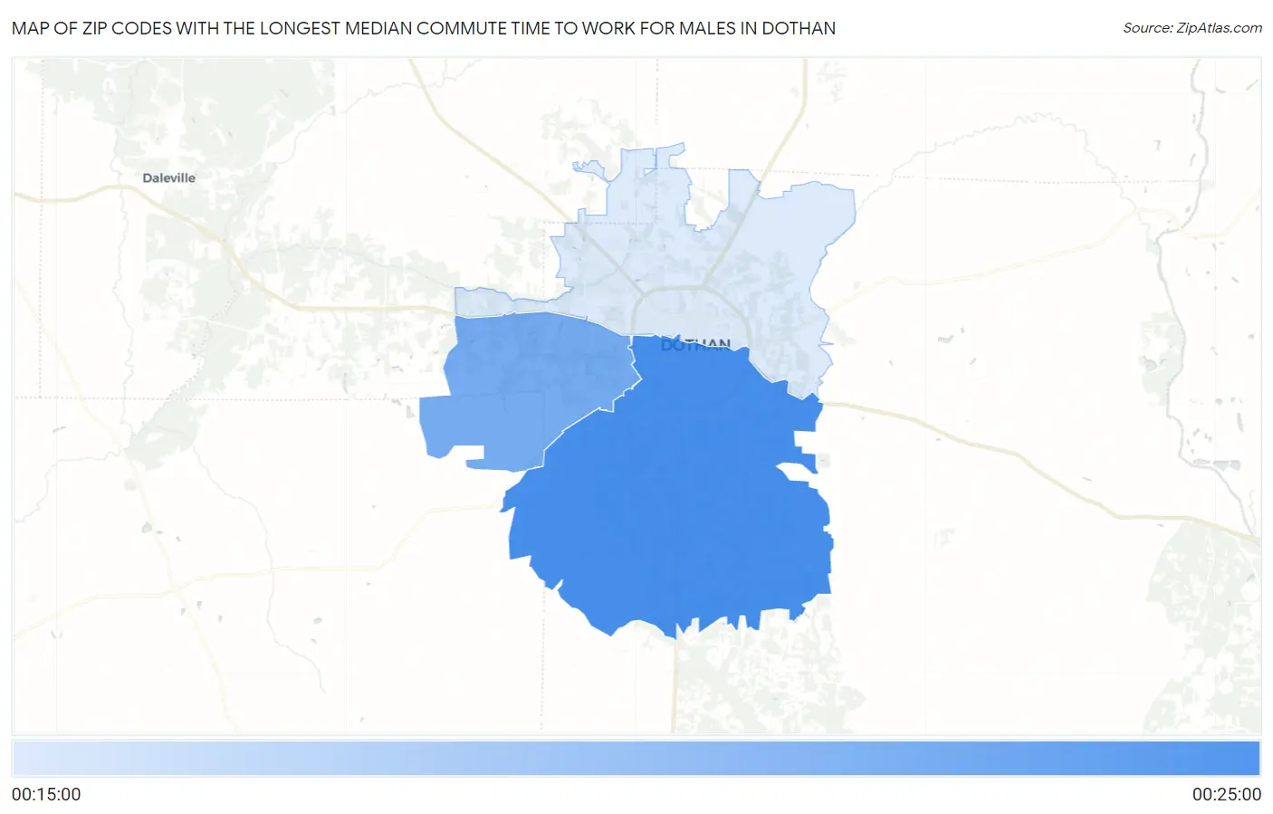 Zip Codes with the Longest Median Commute Time to Work for Males in Dothan Map