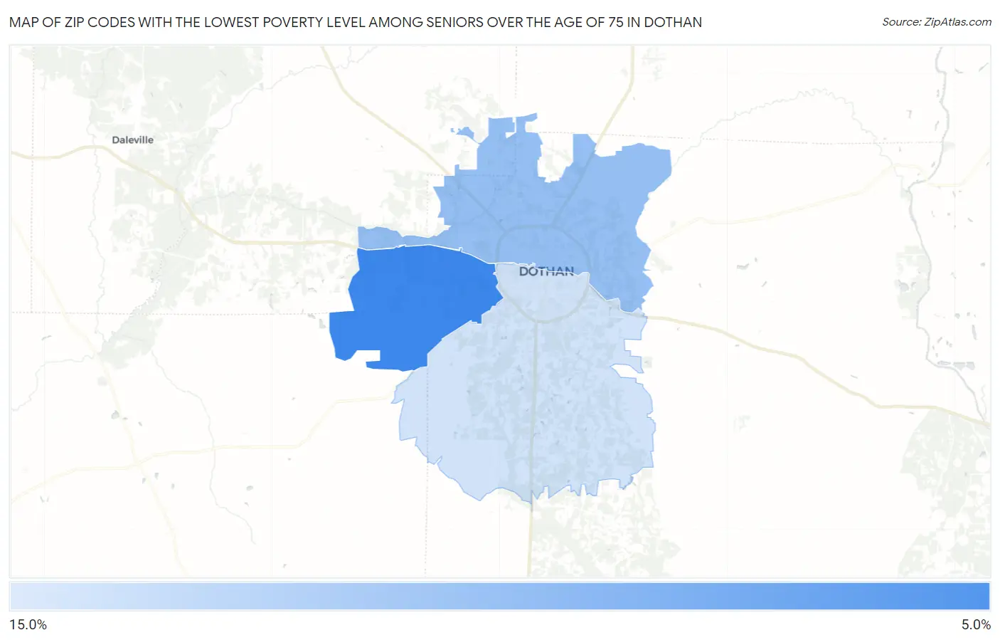 Zip Codes with the Lowest Poverty Level Among Seniors Over the Age of 75 in Dothan Map