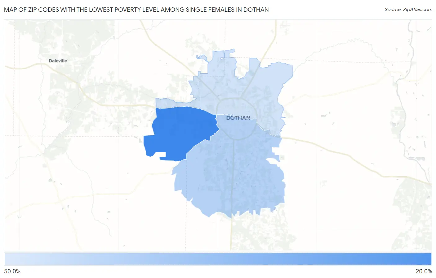 Zip Codes with the Lowest Poverty Level Among Single Females in Dothan Map