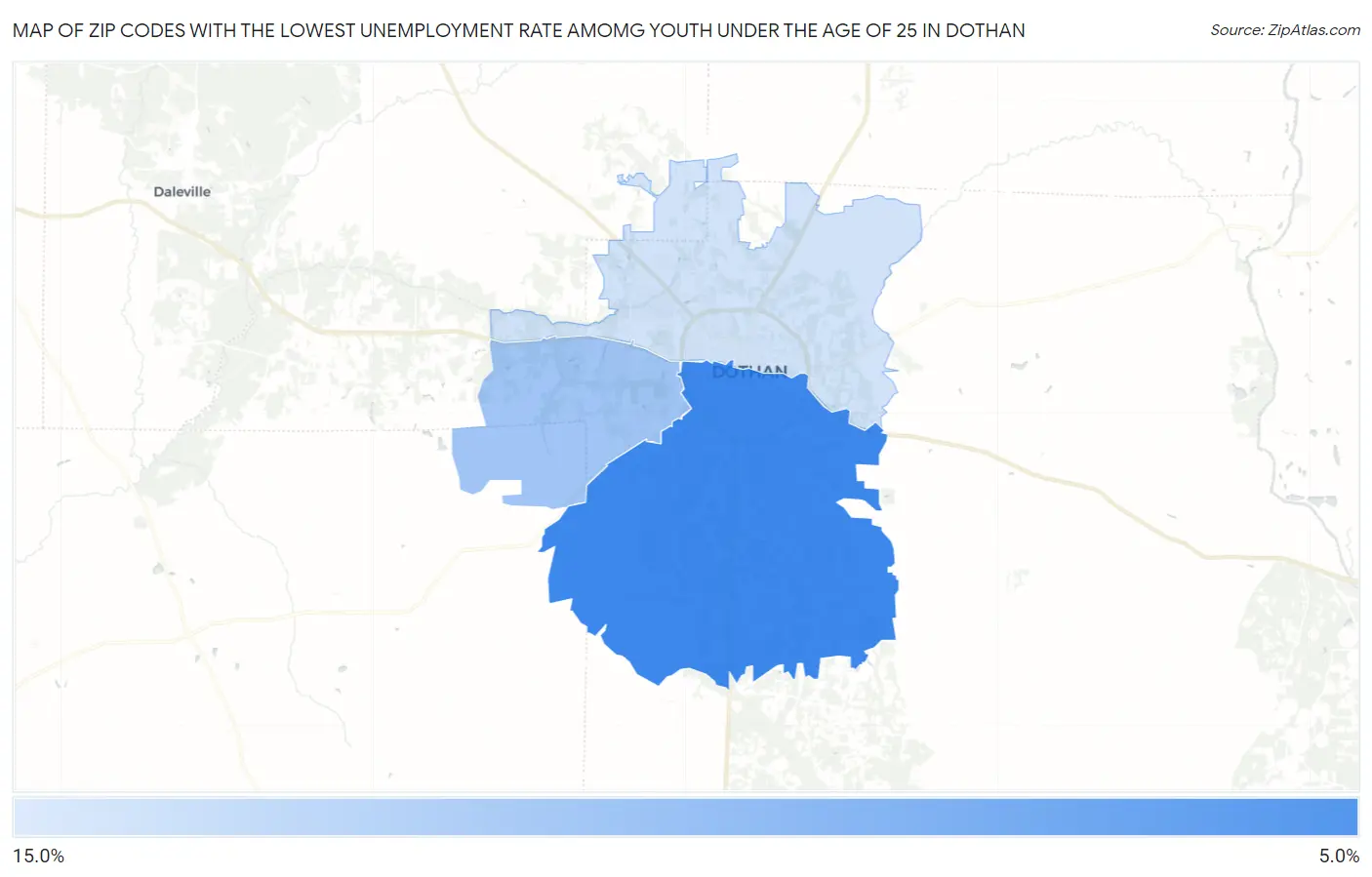 Zip Codes with the Lowest Unemployment Rate Amomg Youth Under the Age of 25 in Dothan Map