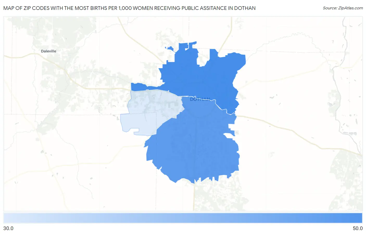 Zip Codes with the Most Births per 1,000 Women Receiving Public Assitance in Dothan Map