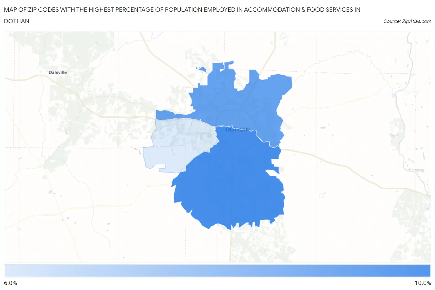 Zip Codes with the Highest Percentage of Population Employed in Accommodation & Food Services in Dothan Map