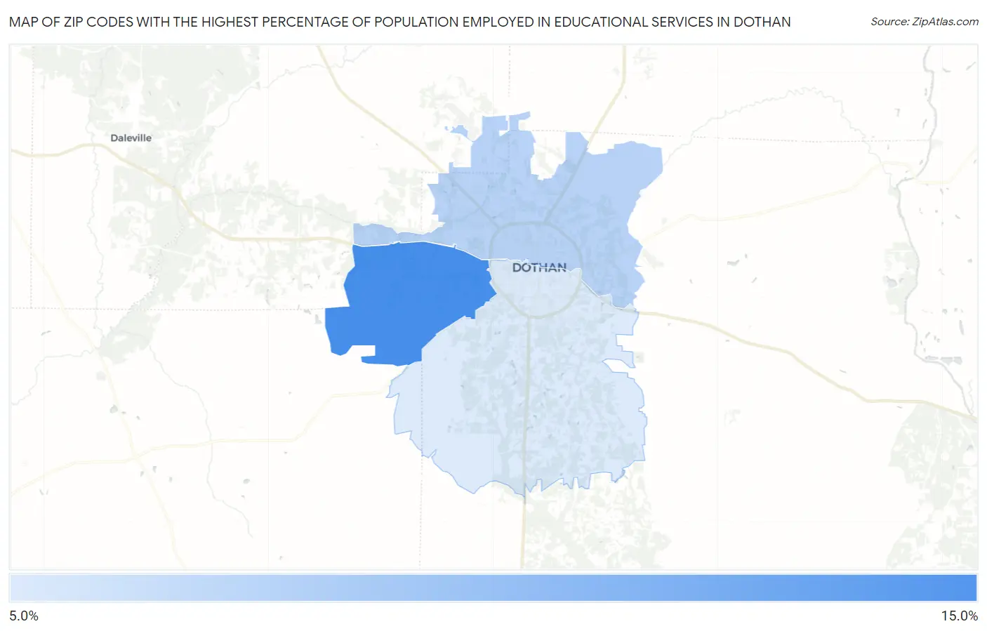 Zip Codes with the Highest Percentage of Population Employed in Educational Services in Dothan Map