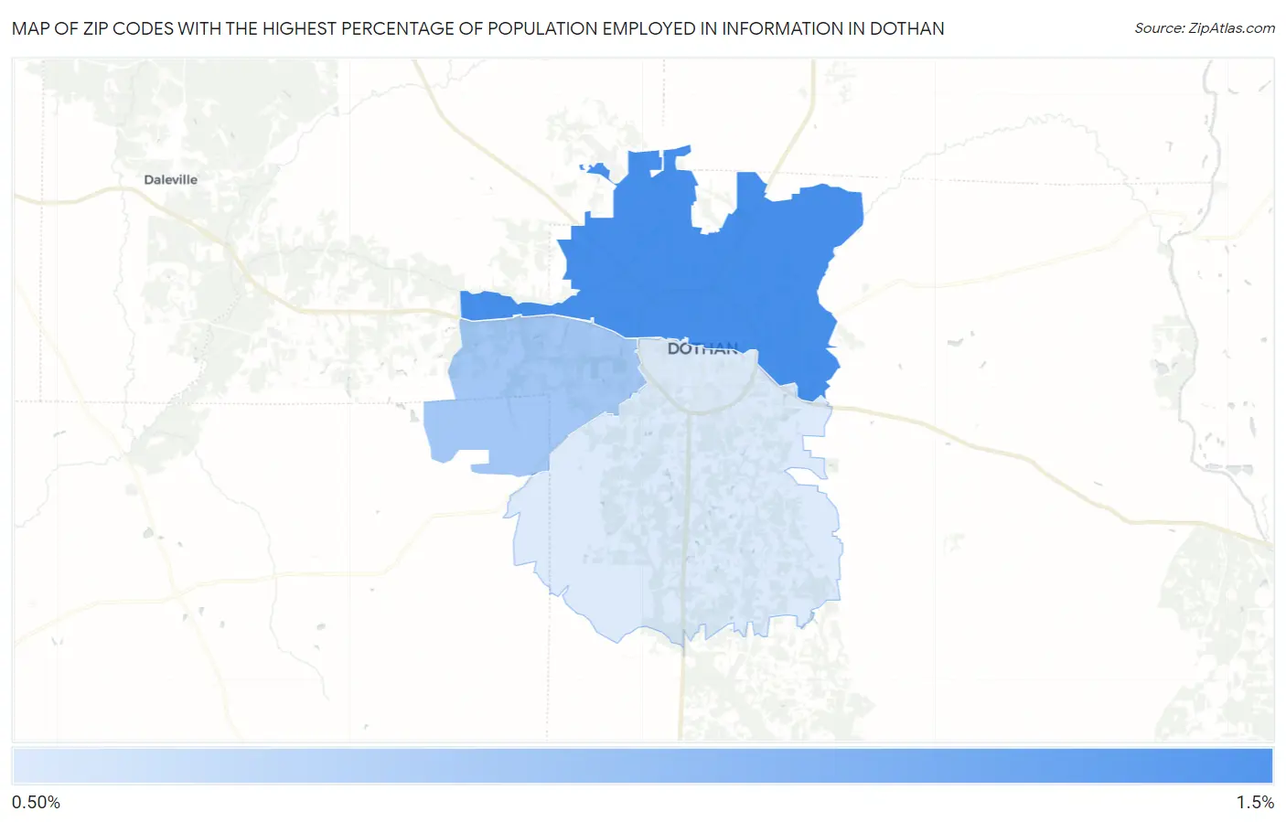 Zip Codes with the Highest Percentage of Population Employed in Information in Dothan Map