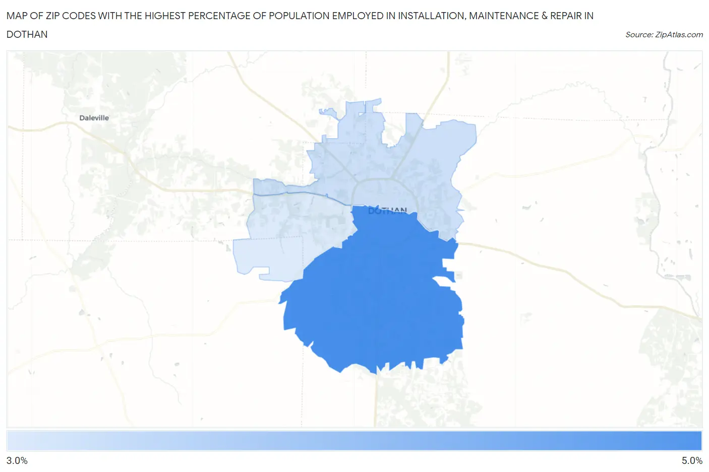 Zip Codes with the Highest Percentage of Population Employed in Installation, Maintenance & Repair in Dothan Map