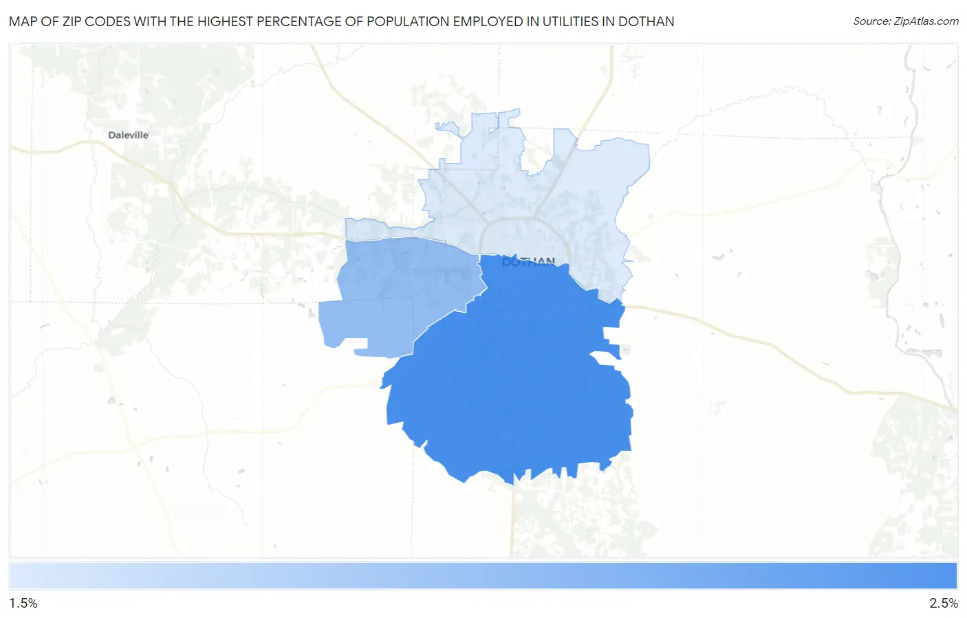 Zip Codes with the Highest Percentage of Population Employed in Utilities in Dothan Map