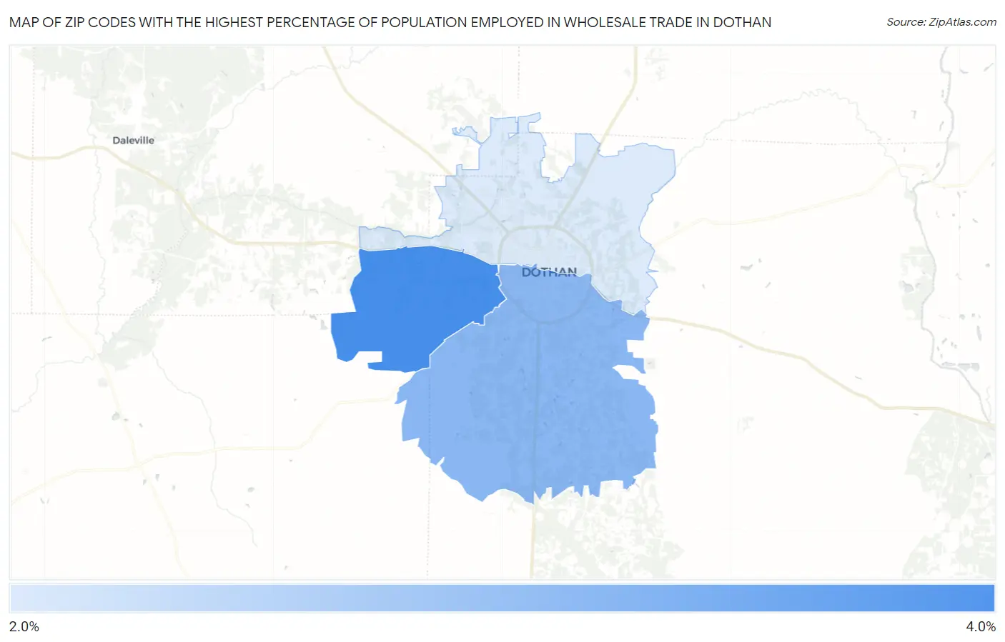 Zip Codes with the Highest Percentage of Population Employed in Wholesale Trade in Dothan Map