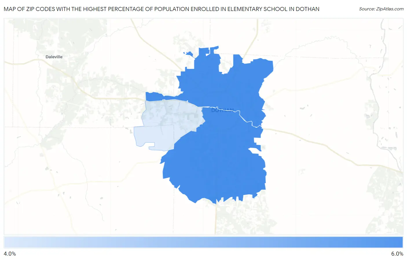 Zip Codes with the Highest Percentage of Population Enrolled in Elementary School in Dothan Map