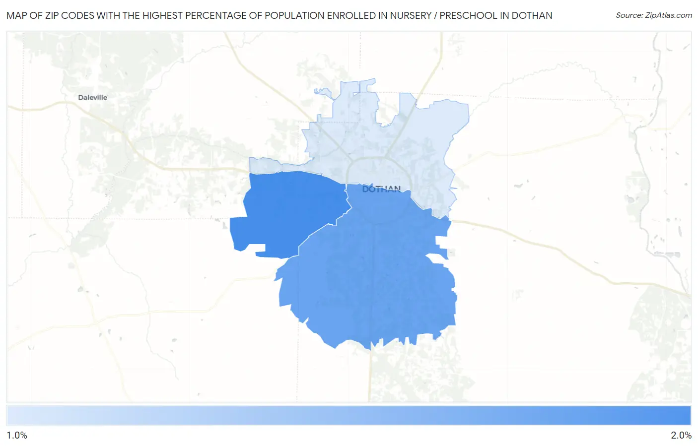 Zip Codes with the Highest Percentage of Population Enrolled in Nursery / Preschool in Dothan Map