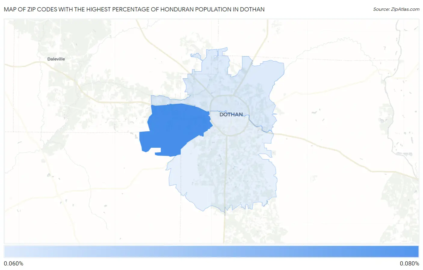 Zip Codes with the Highest Percentage of Honduran Population in Dothan Map