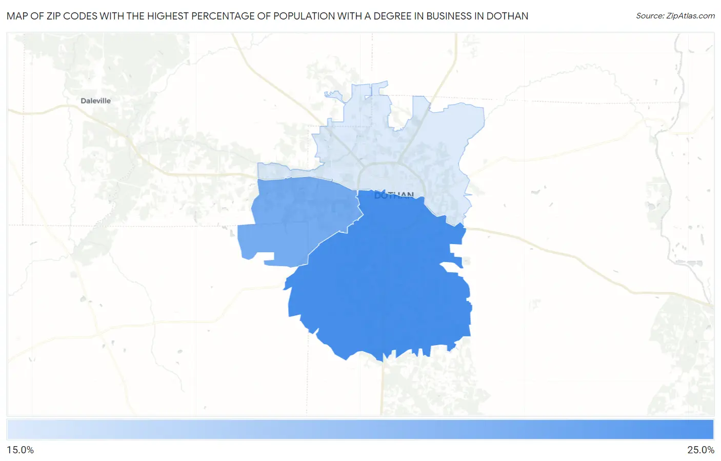 Zip Codes with the Highest Percentage of Population with a Degree in Business in Dothan Map