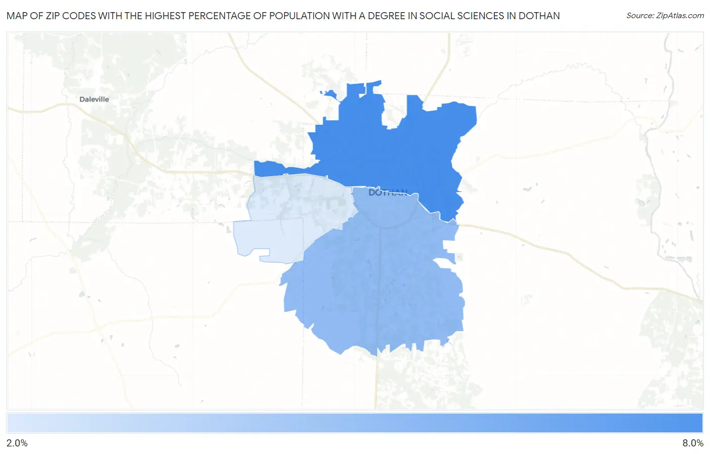 Zip Codes with the Highest Percentage of Population with a Degree in Social Sciences in Dothan Map