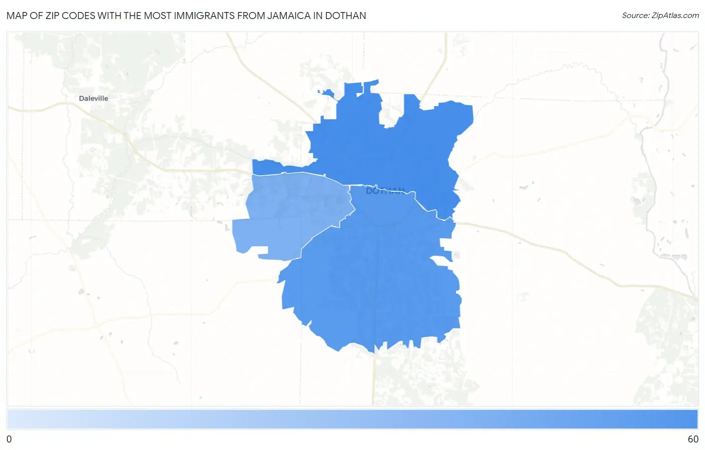 Zip Codes with the Most Immigrants from Jamaica in Dothan Map
